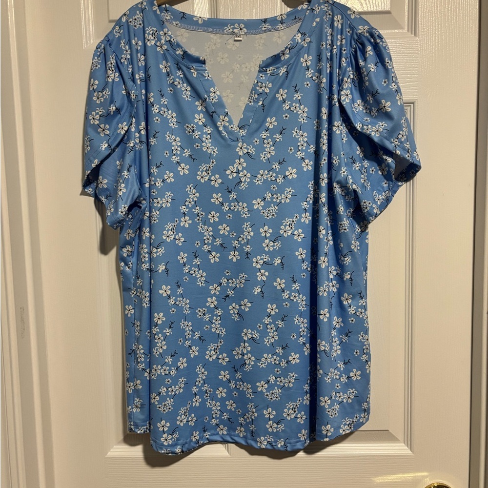 Women’s Blue Floral Split-Neck Top